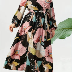 Floral Lantern Sleeve Maxi Dress With Belt