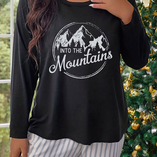  Mountain & Letter Print Long Sleeve Loungewear Top