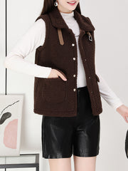 Solid Teddy Vest Casual Button Front Sleeveless Warm Vest