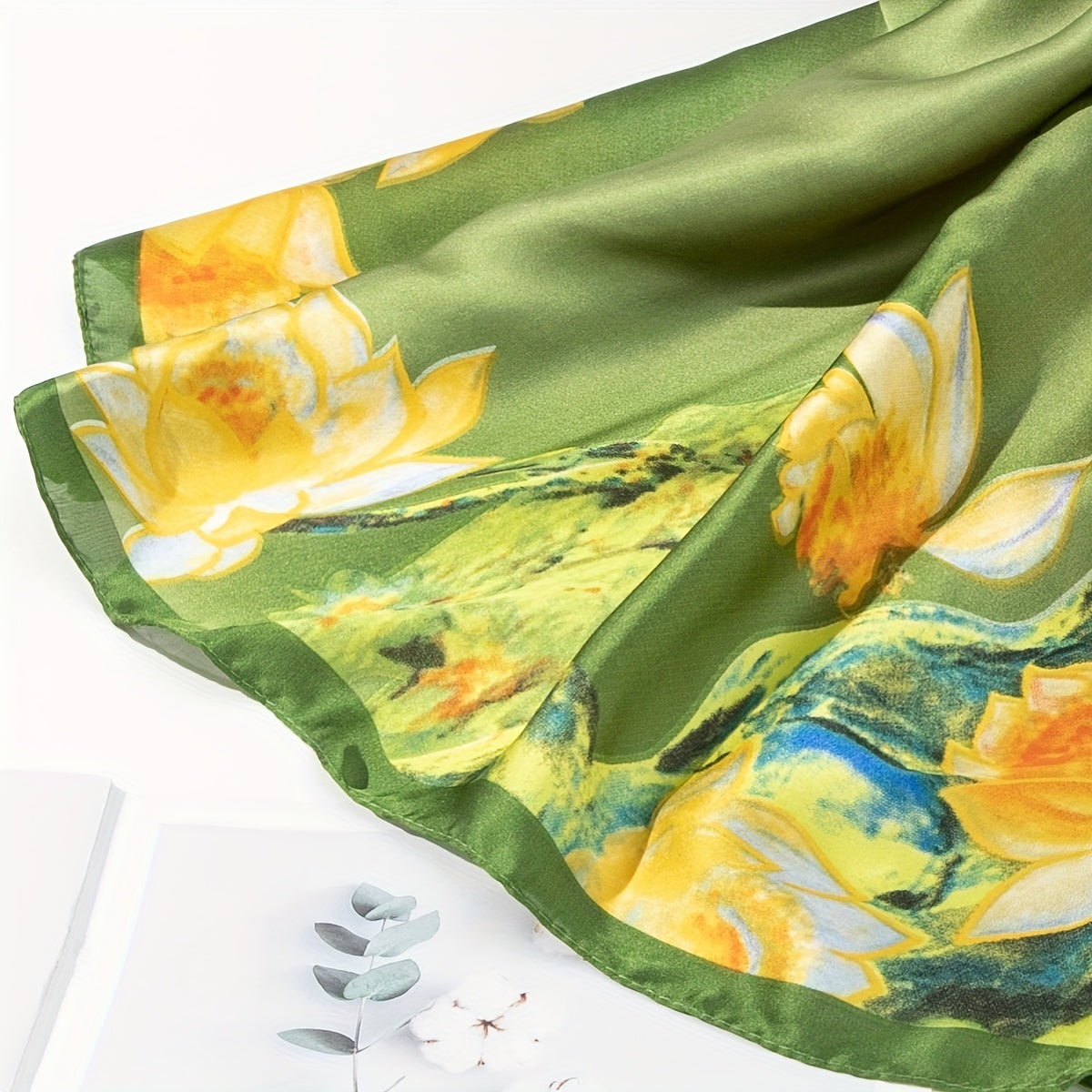 Green Lotus Print Scarf Satin Silk Scarf