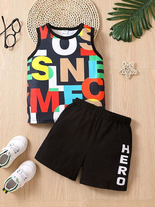 Boys Letter Pattern Casual Outfit Tank Top & Shorts Set