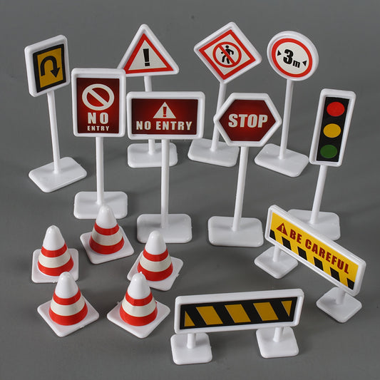 15pcs Road Sign Toy Model City Traffic Road Obstacle Signal Light