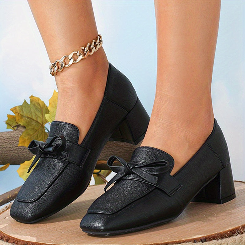 Chunky Heeled Loafers Square Toe Bowknot Slip On Shoes
