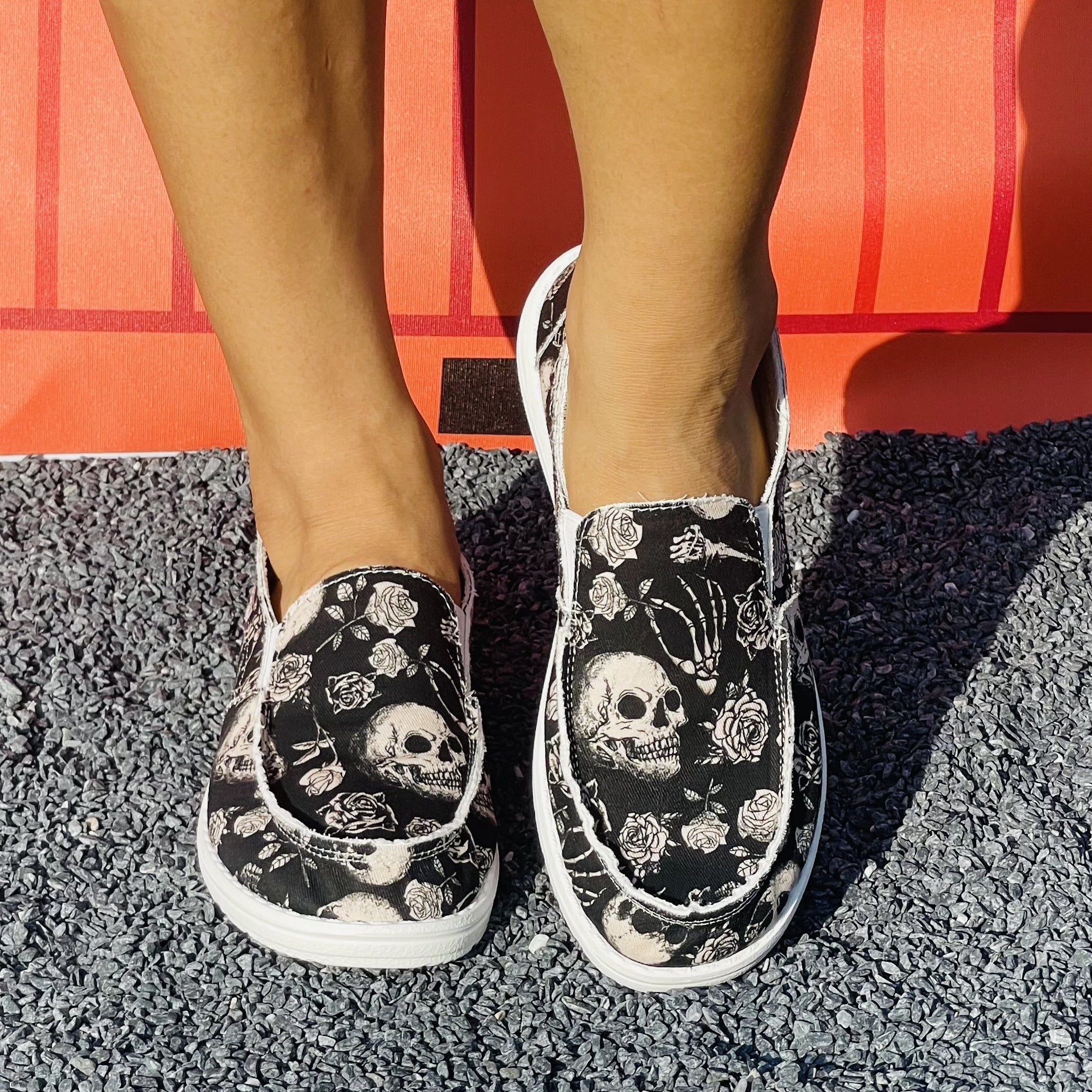 Floral & Skull Slip On Canvas Shoes Halloween Loafers