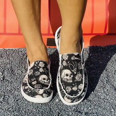 Floral & Skull Slip On Canvas Shoes Halloween Loafers
