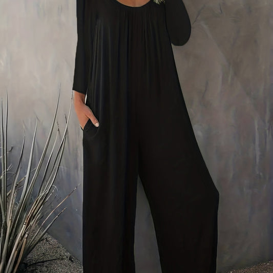  Solid Long Sleeve Round Neck Wide Leg Jumpsuit