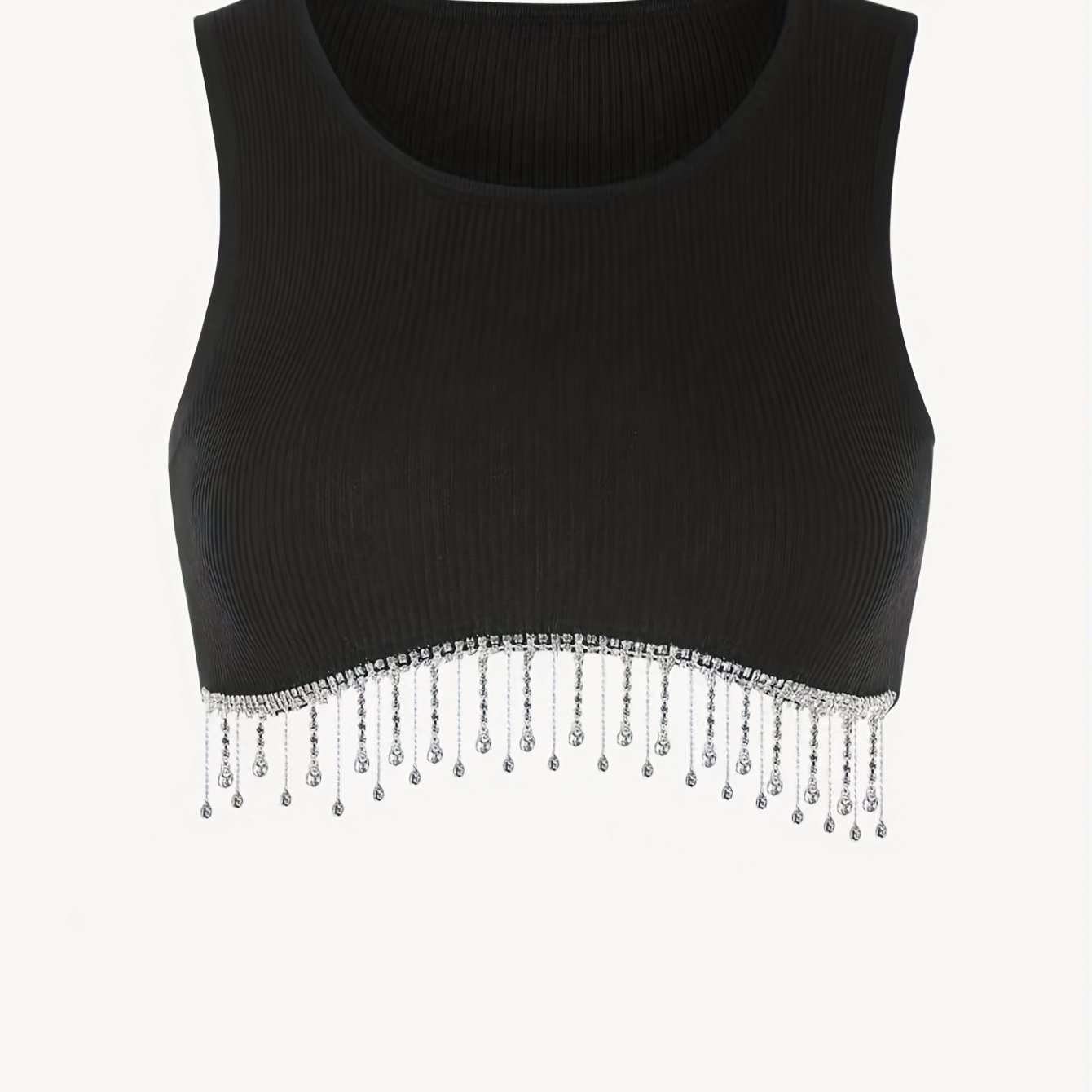 Solid Crop Top Beaded Detail Crew Neck