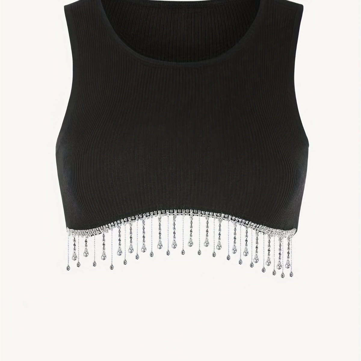 Solid Crop Top Beaded Detail Crew Neck