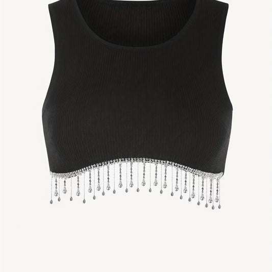 Solid Crop Top Beaded Detail Crew Neck