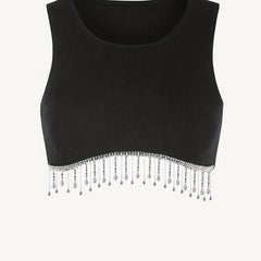 Solid Crop Top Beaded Detail Crew Neck