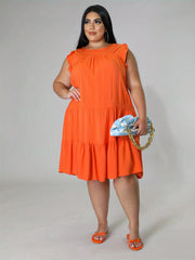  Solid Ruffle Sleeve Round Neck Smock Dress