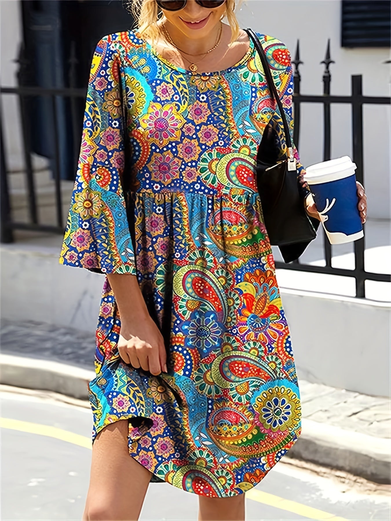  Paisley Print Bell Sleeve Round Neck Dress