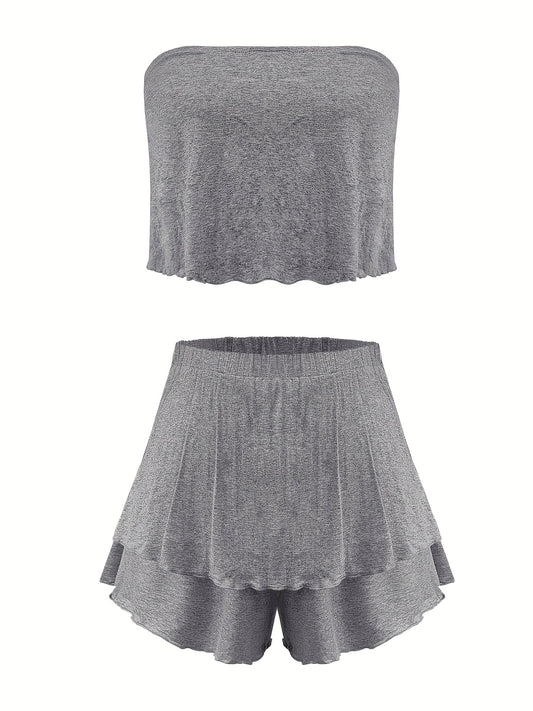  Casual Two Piece Set: Ruched Tube Top & Shorts