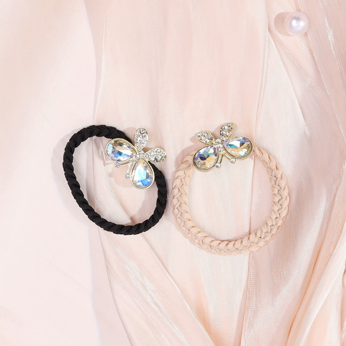 2pcs Crystal Butterfly Hair Tie Rhinestone Hair Rope Elastic Ponytail Holder