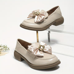 Women's Satin Bow Loafers Slip On Chunky Shoes