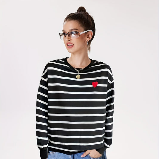Stripe & Heart Print Pullover Sweatshirt Casual Long Sleeve Crew Neck Sweatshirt