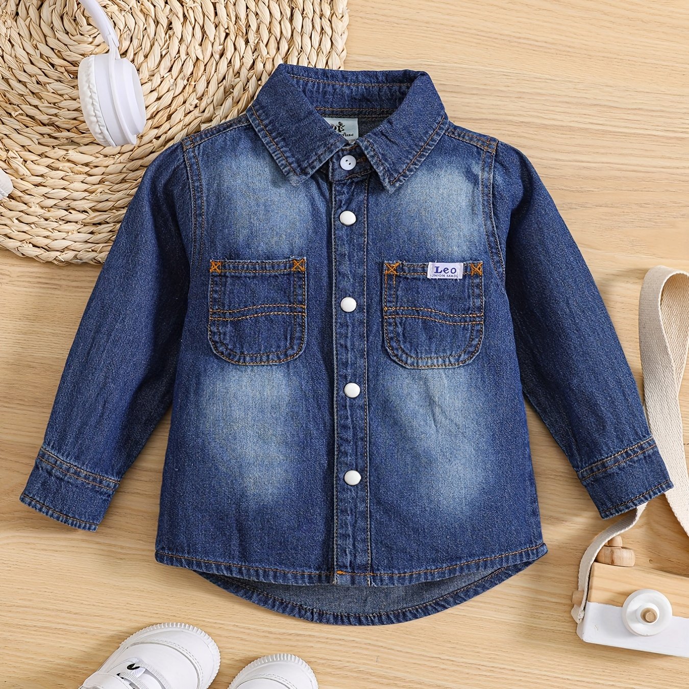 Boy's Denim Cotton Shirt Casual Lapel Button Up Long Sleeve Shirt
