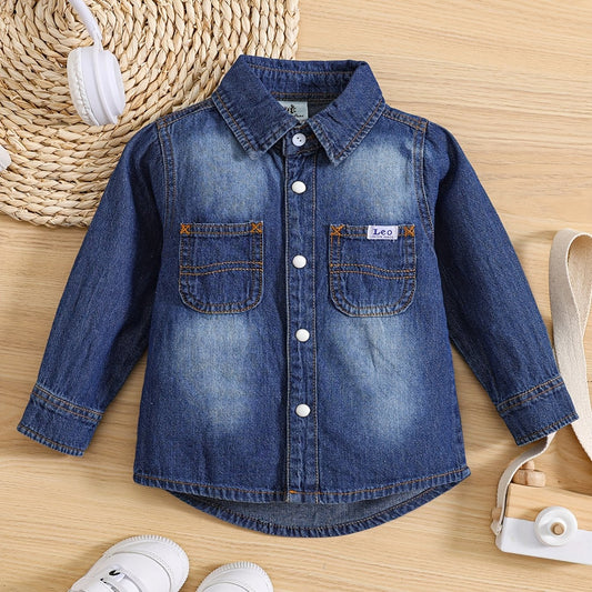 Boy's Denim Cotton Shirt Casual Lapel Button Up Long Sleeve Shirt
