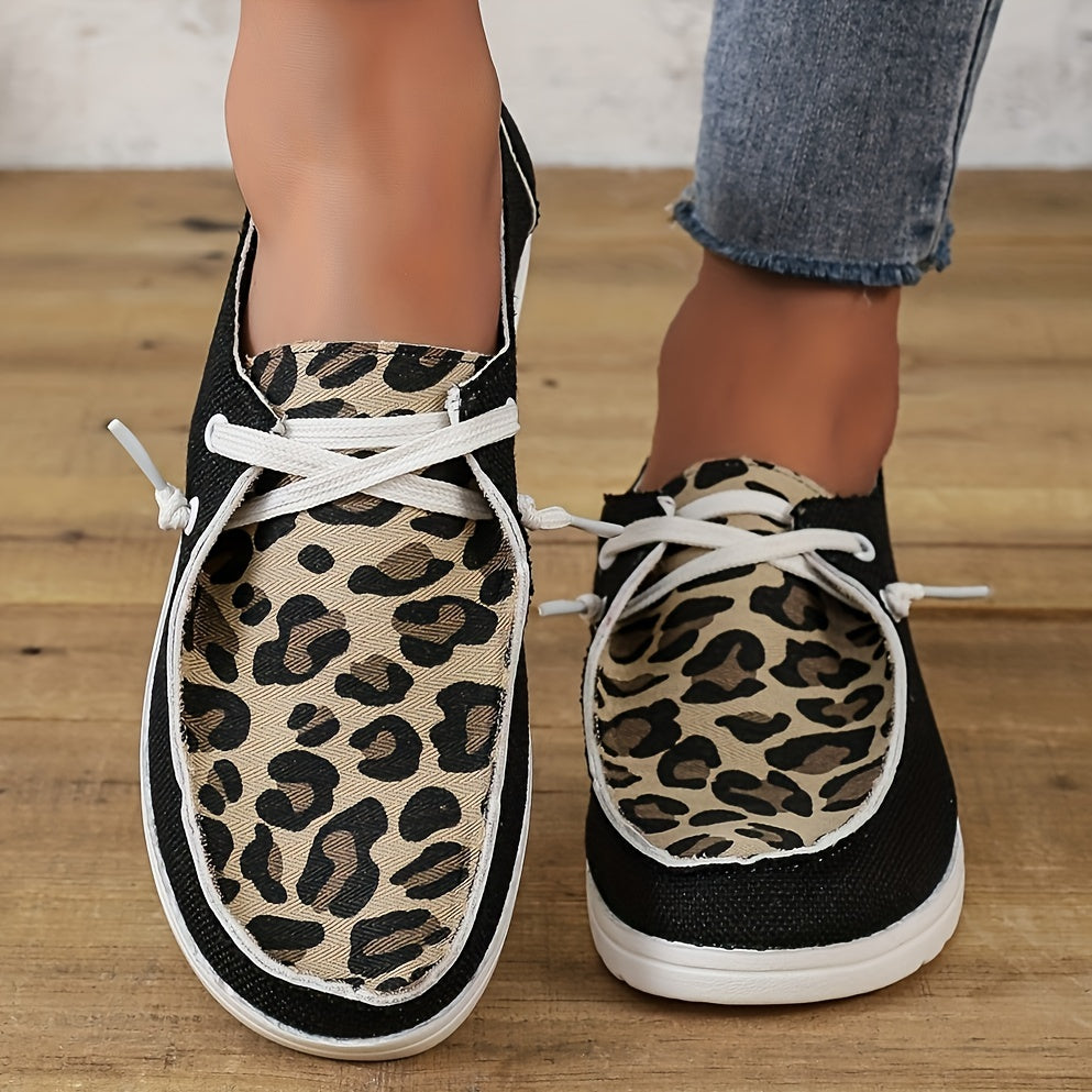 Leopard Print Canvas Lace Up Sneakers Lightweight Walking Shoes