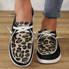 Leopard Print Canvas Lace Up Sneakers Lightweight Walking Shoes