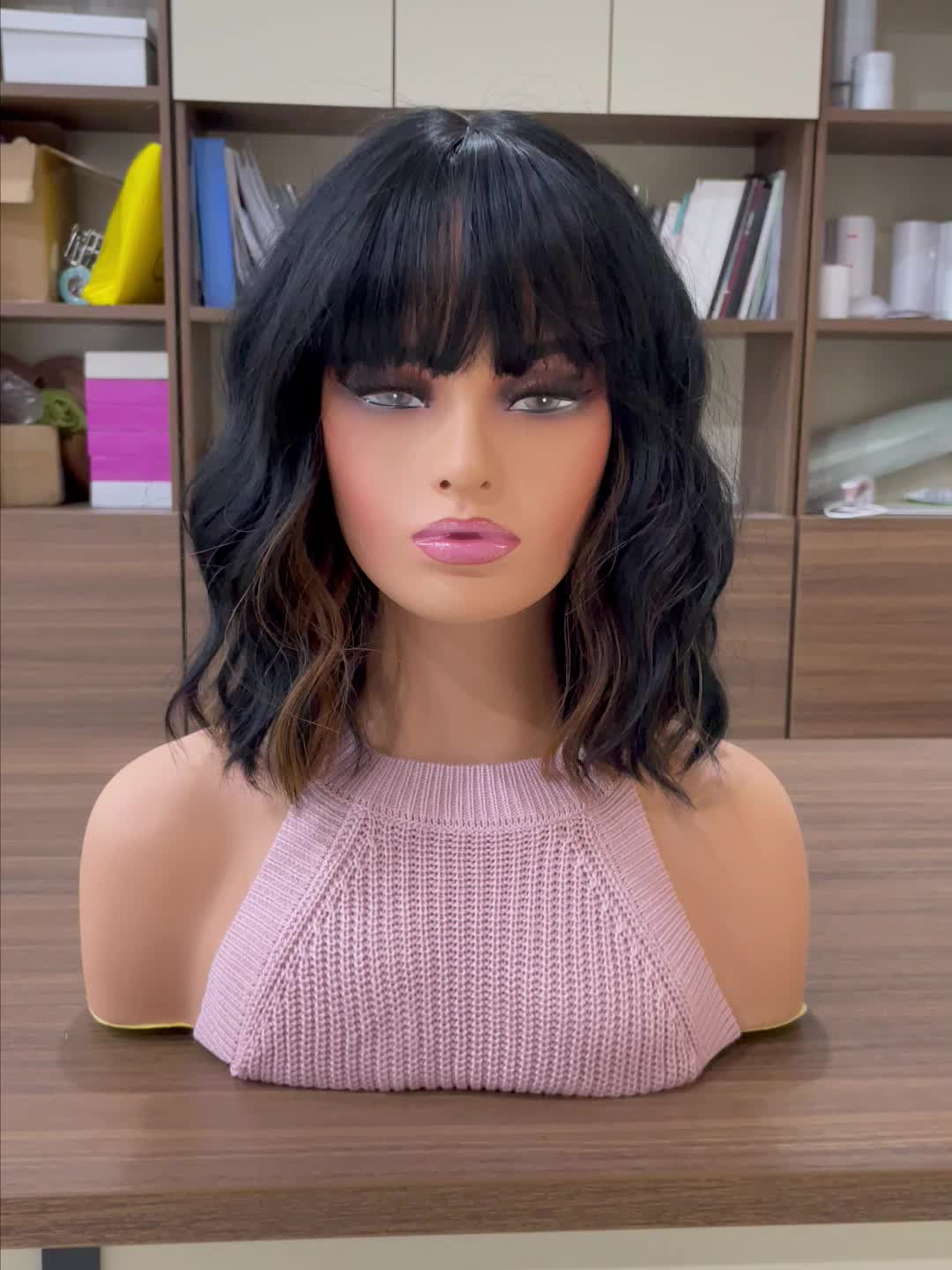 Short Bob Wavy Curly Wig With Bangs Heat Resistant Hair Wigs