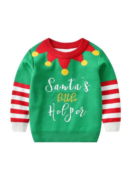 Christmas Print Knit Crew Neck Sweater for Kids