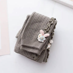 Girls Side Frill Trim Knit Leggings Flower Bunny Footless Tights Pants