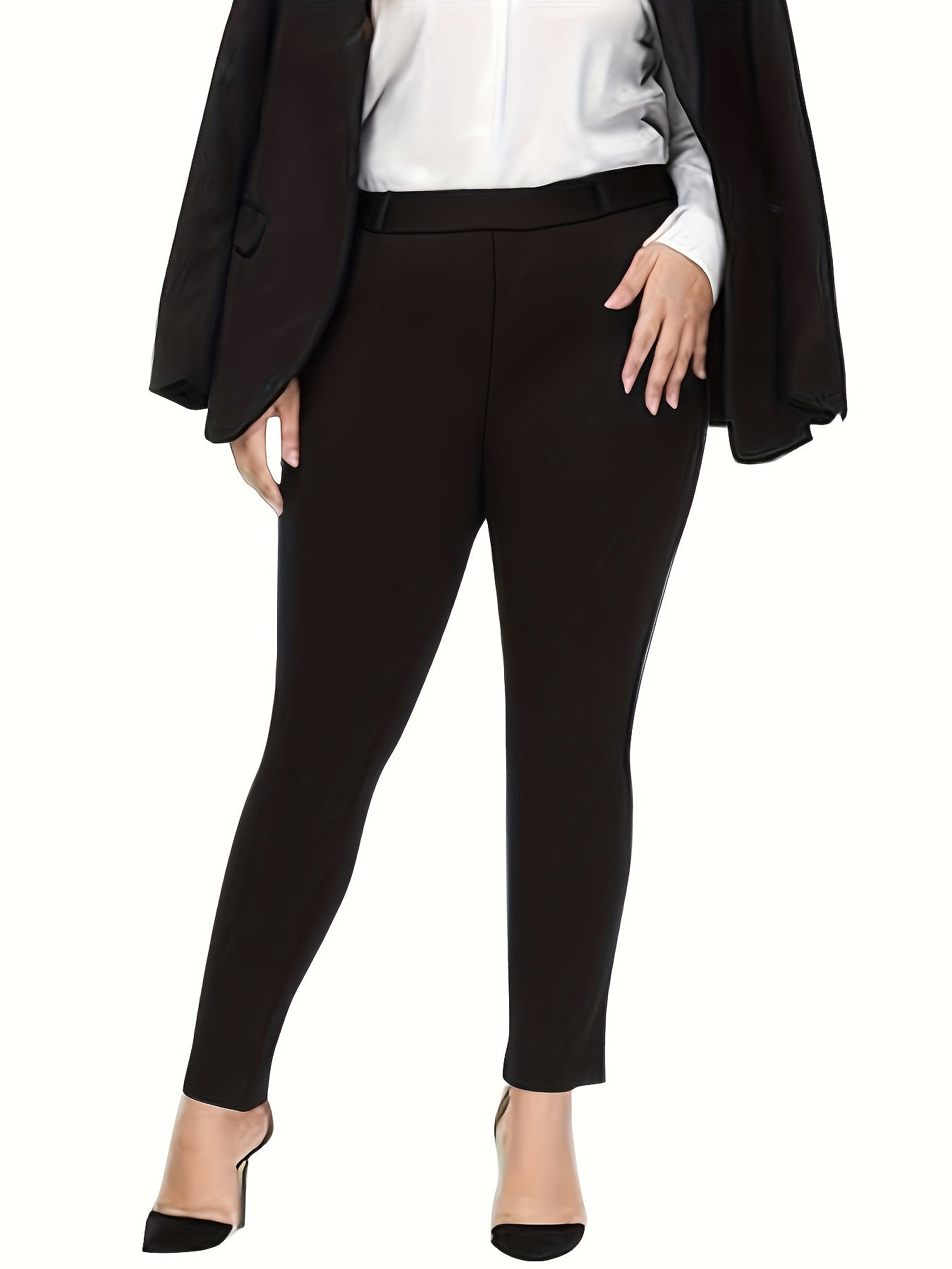 Women's Plus Solid Elastic Stretch Trousers With Pockets
