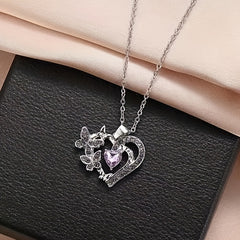 Glitter Purple Silver Heart Butterfly Pendant Necklace