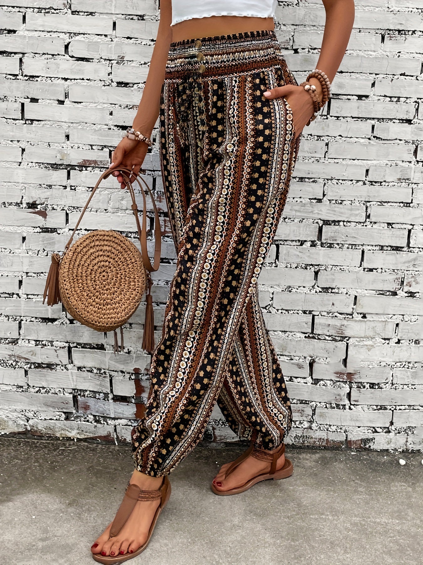  Boho Pants Women's Plus Geo Print High Waisted Harem Trousers