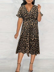  Leopard Print V Neck Ruffle Trim Maxi Dress