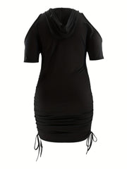  Casual Dress Women's Plus Letter Print Cold Shoulder Drawstring Ruched