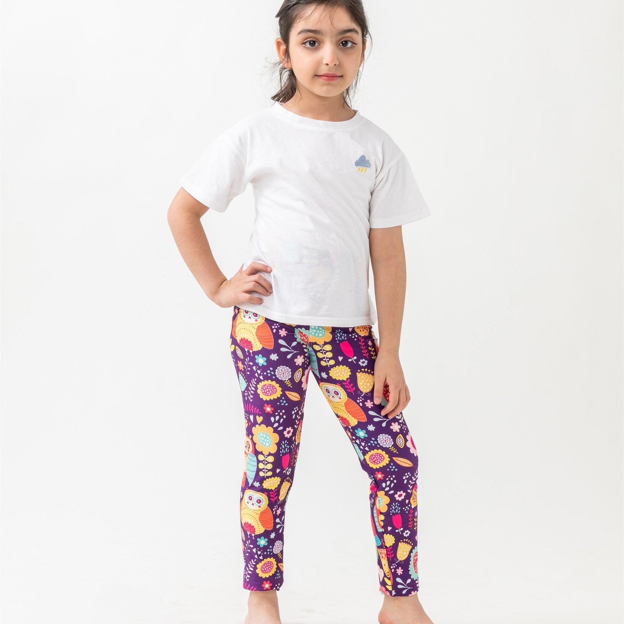Girls High Stretch Soft Leggings Owls And Flowers Pattern