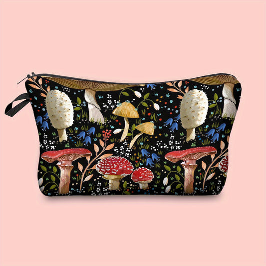 Small Moon Mushroom Print Makeup Bag for Women Waterproof Clutch Handbag
