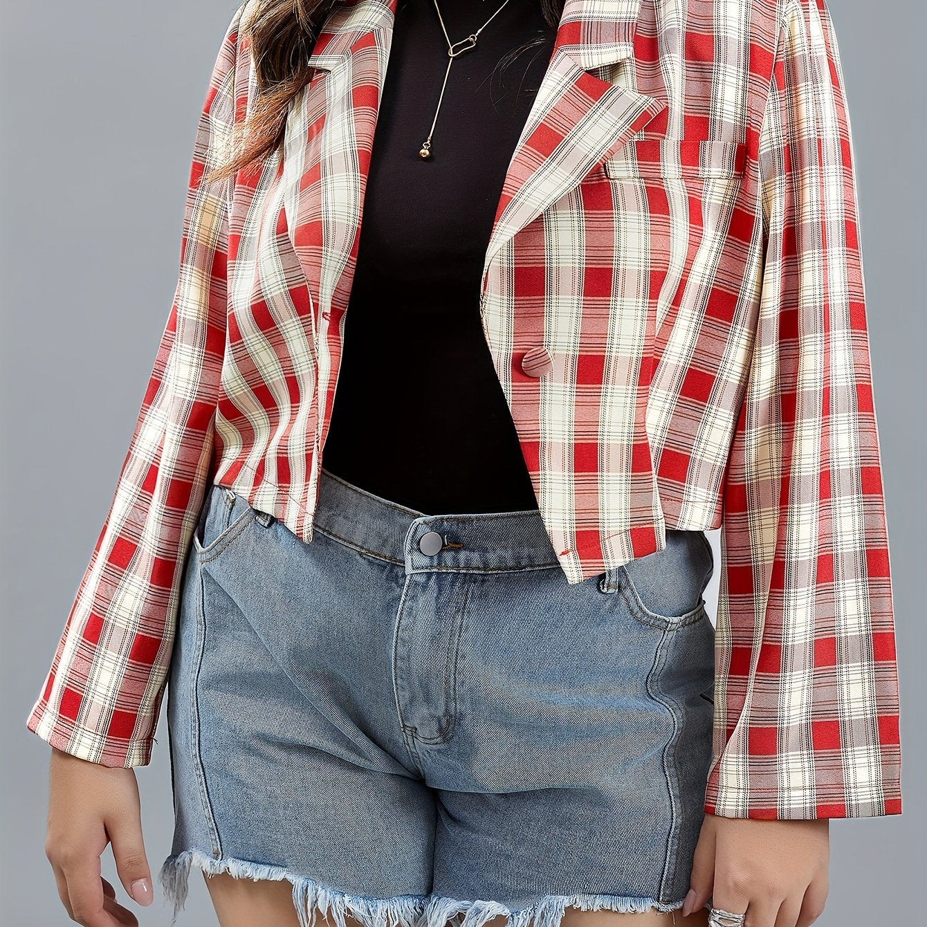 Casual Blazer Women's Plus Plaid Print Long Sleeve Lapel Collar Blazer