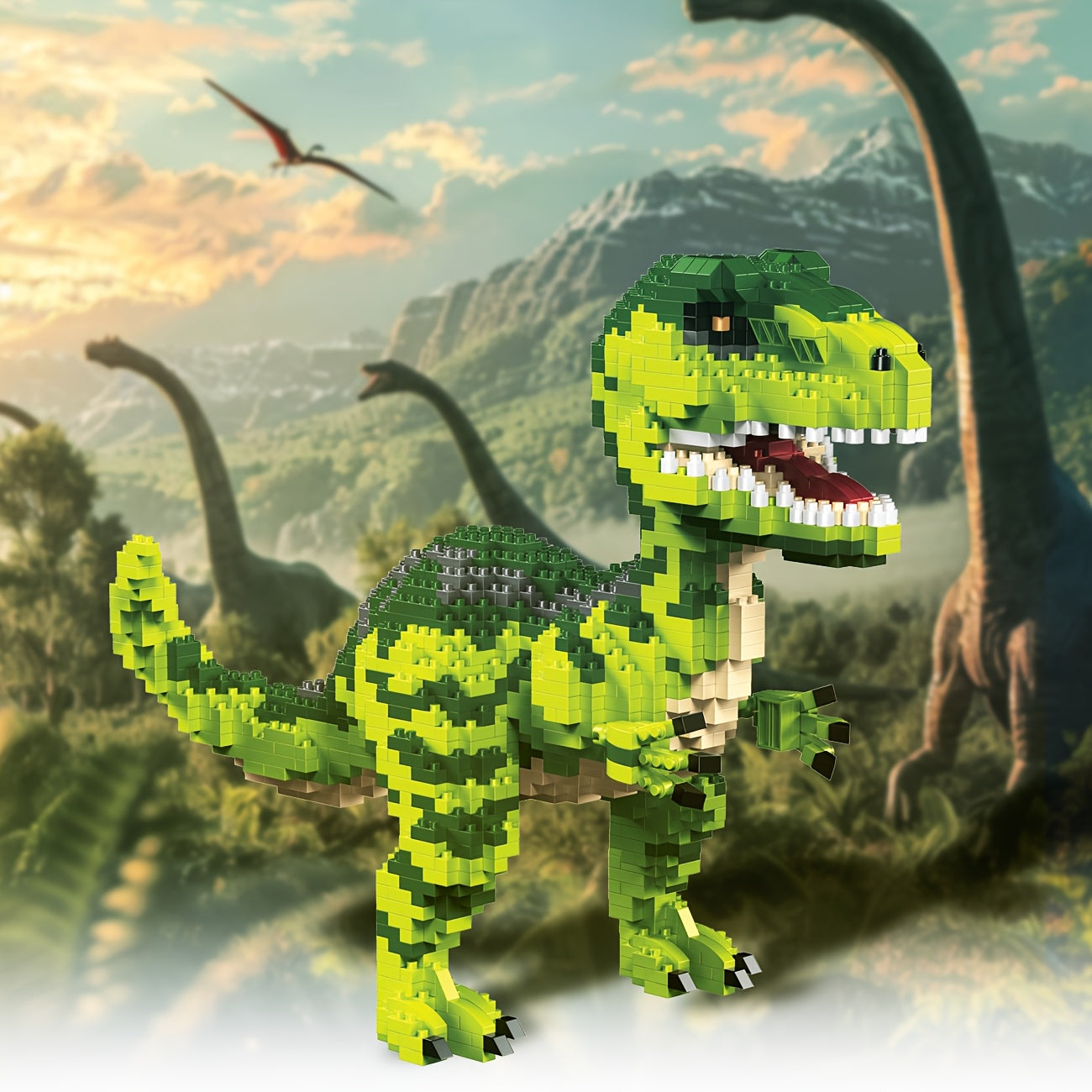Jurassic Brontosaurus & Velociraptor Building Blocks Model Toy