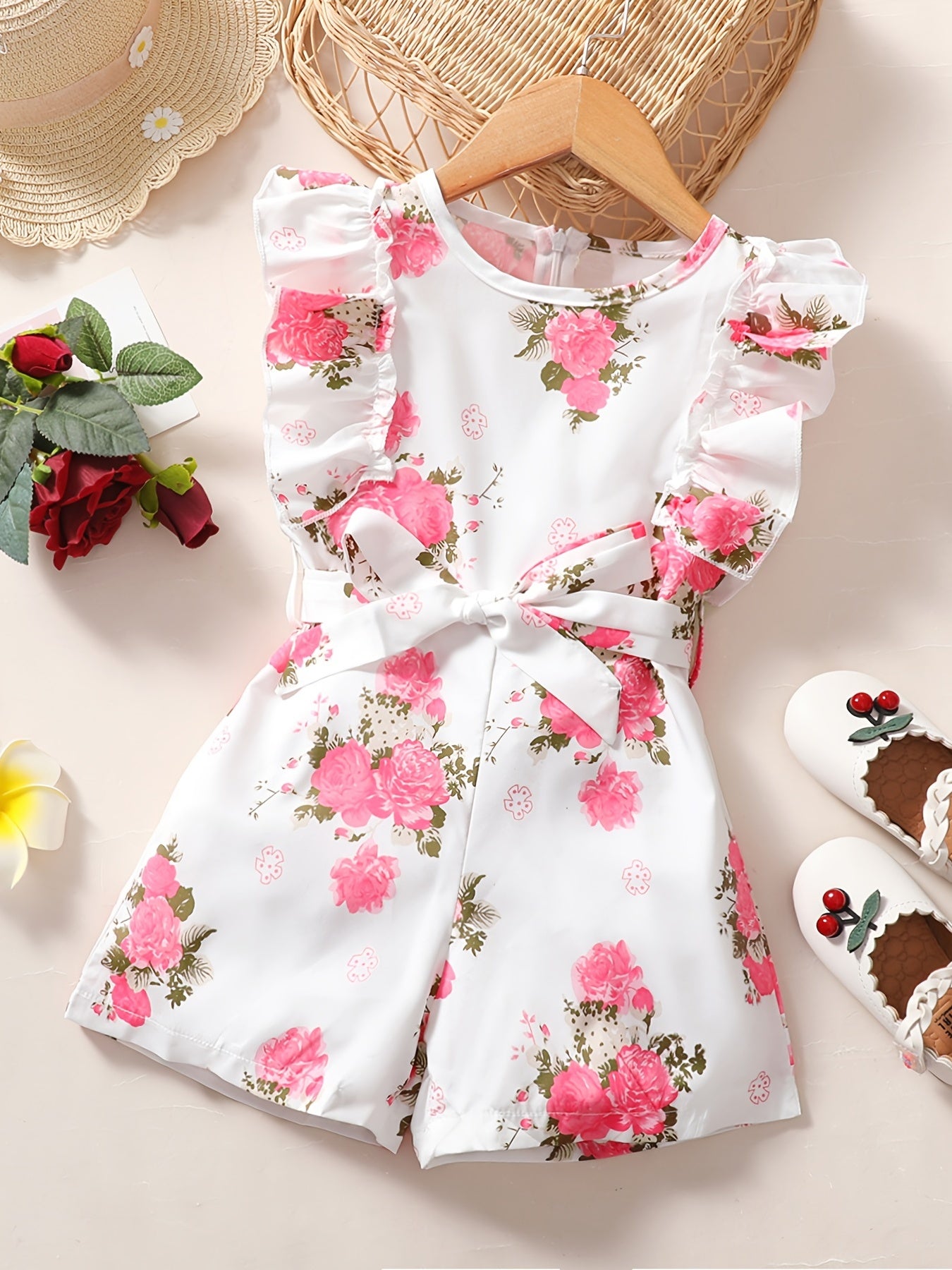 Girls Flowers Print Romper Sleeveless Ruffles Jumpsuit With Belt