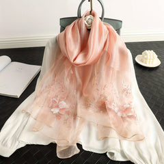 Flower Embroidery Silk Blend Scarf Solid Shawl Breathable Windproof Head Wrap