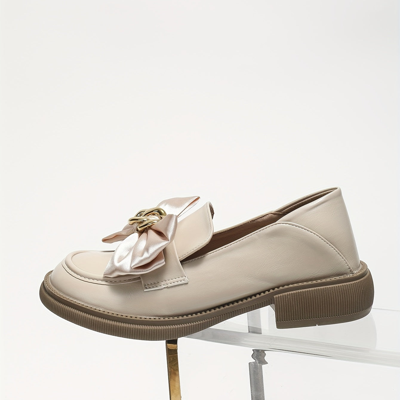 Women's Satin Bow Loafers Slip On Chunky Shoes