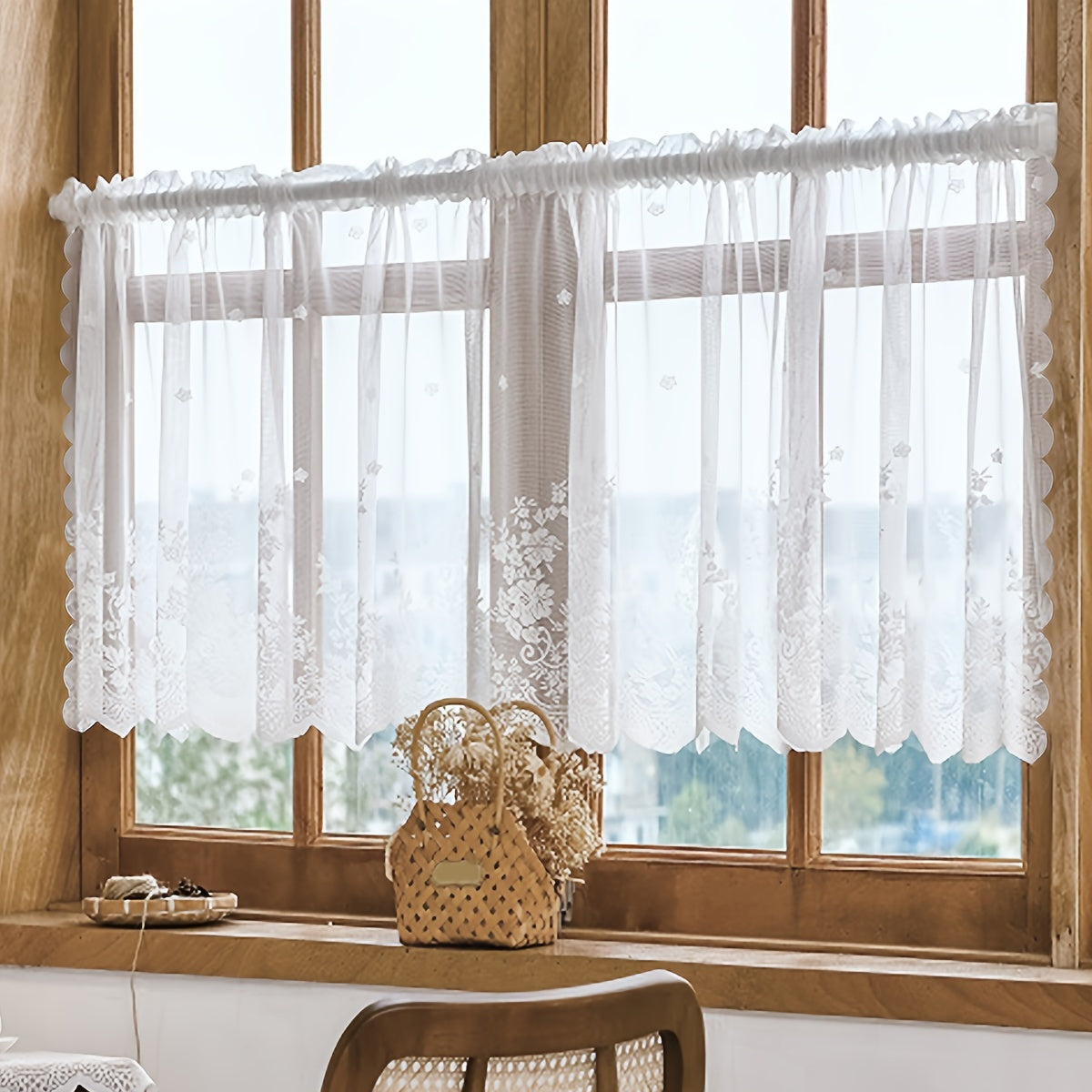 Lace Cafe Curtain Flower Design Rod Pocket Kitchen Dining Room Window Decor