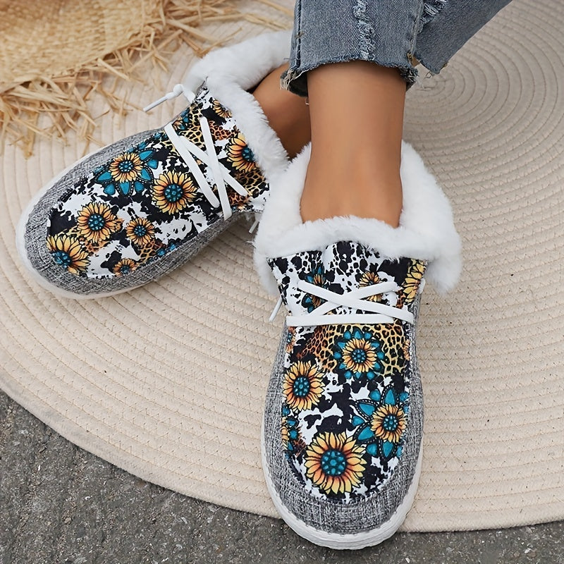 Women's Sunflower Print Snow Boots Warm & Comfy Slip On Flat Shoes