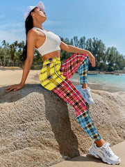  Colorblock Plaid Print Leggings Medium Stretch Elastic Waist