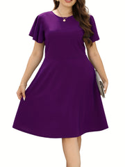  Solid Ruffle Sleeve A-Line Party Dress with Pockets