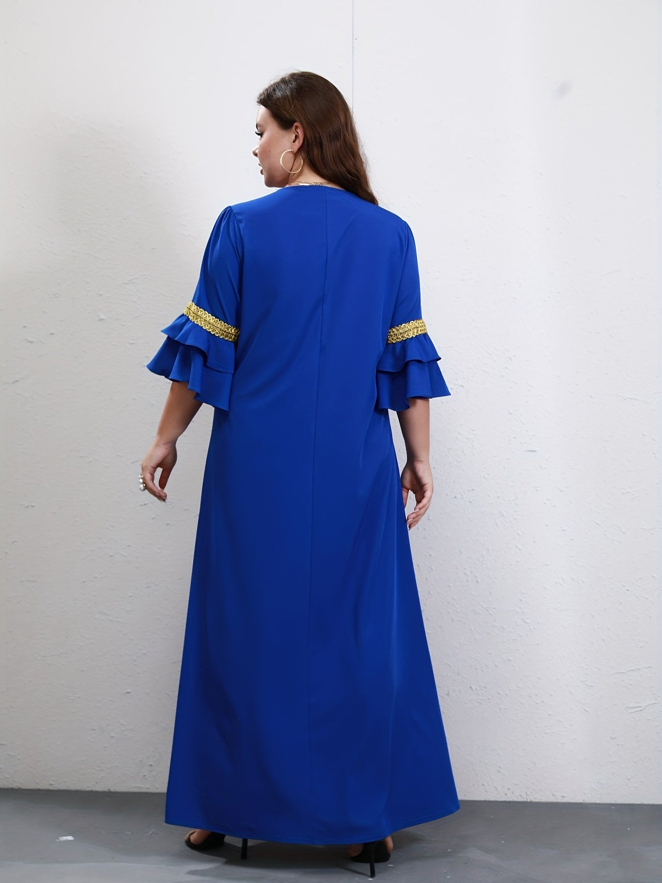  Ramadan Kaftan Dress Solid Contrast Lace Ruffle Sleeve V Neck