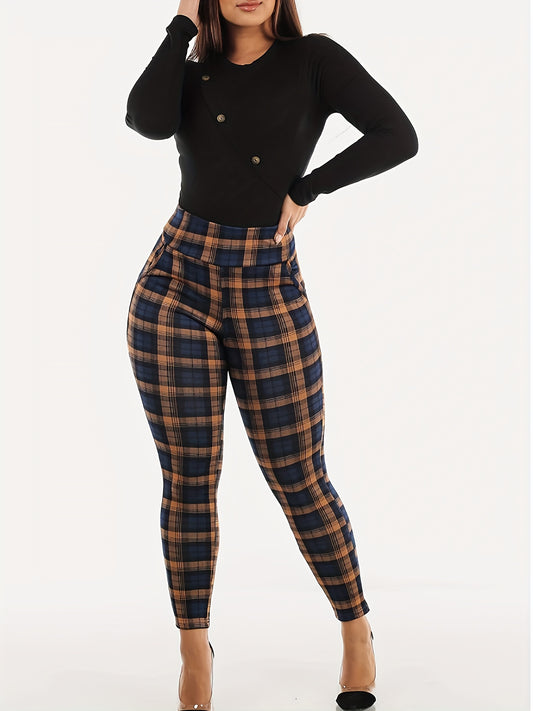 Women's Plus Plaid Print High Rise Skinny Leggings
