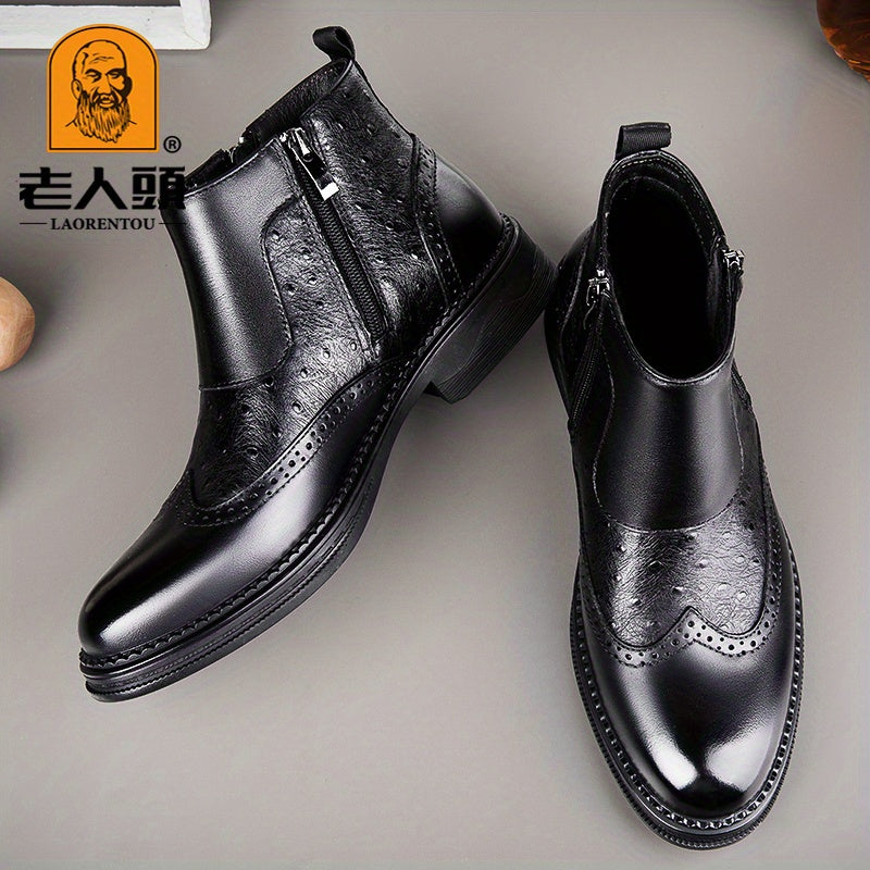 LAORENTOU Men's Brogue Zipper Boots Wear resistant Non Slip Boots