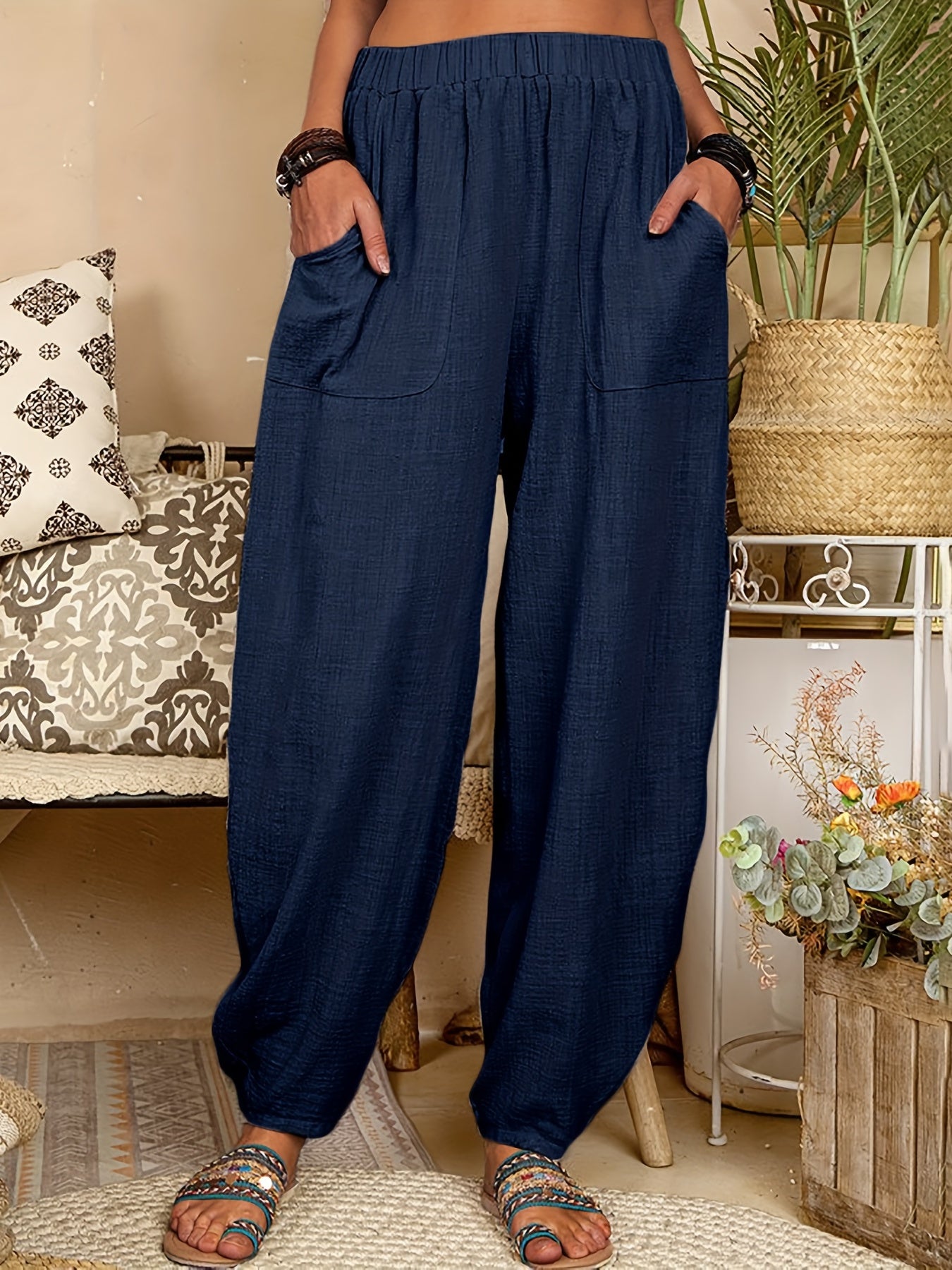  Elastic Waist Harem Pants With Pockets
