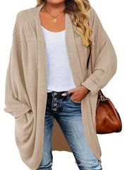  Waffle Knit Bat Sleeve Open Front Sweater Cardigan