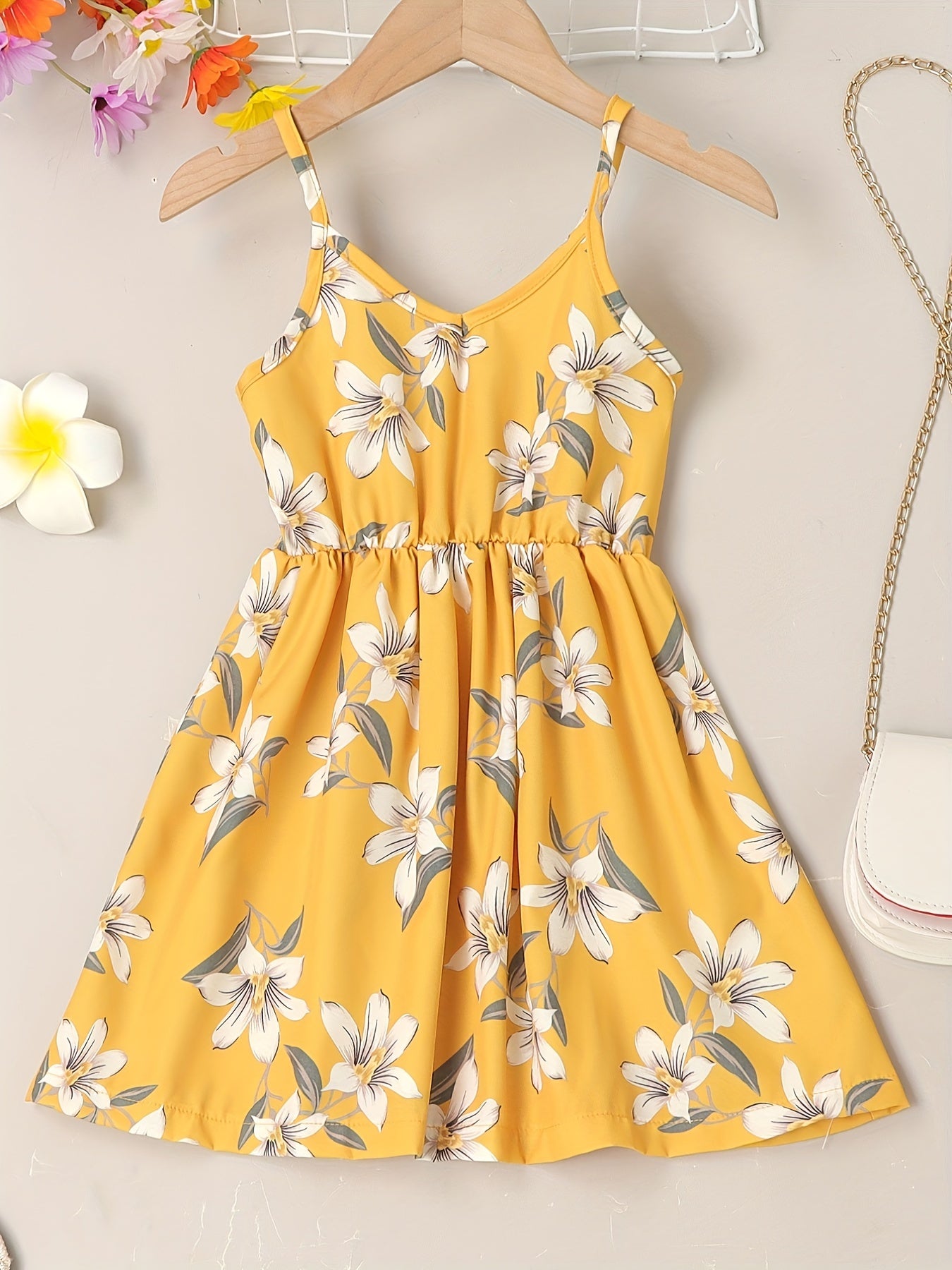 Girls Sundress Floral Pattern V Neck Elastic Waist Camisole Dress