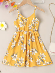 Girls Sundress Floral Pattern V Neck Elastic Waist Camisole Dress